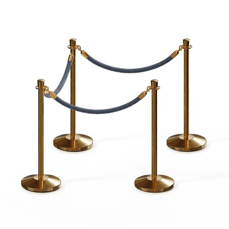 MONTOUR LINE Stanchion Post and Rope Kit Sat.Brass, 4 Crown Top 3 Gray Rope C-Kit-4-SB-CN-3-PVR-GY-PB